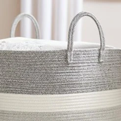 Home Decorators Collection Round Cotton Rope Gray Striped Storage Basket -Flora Home Decorators Soldes white and gray home decorators collection storage baskets jy7162hdb 40 1000