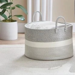 Home Decorators Collection Round Cotton Rope Gray Striped Storage Basket -Flora Home Decorators Soldes white and gray home decorators collection storage baskets jy7162hdb e1 1000