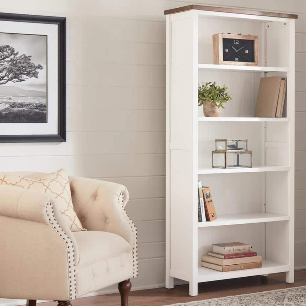 Home Decorators Collection 68.8 in. White/Haze Wood 5-shelf Standard Bookcase with Adjustable Shelves 5 Home Decorators Collection 68.8 in. White/Haze Wood 5-shelf Standard Bookcase with Adjustable Shelves - Image 3
