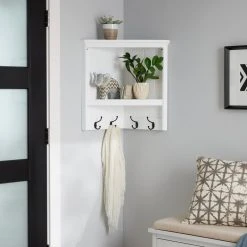Home Decorators Collection 24 in. H x 24 in. W x 13.4 in. D White Shiplap Floating Decorative Cubby Corner Wall Shelf with Hooks -Flora Home Decorators Soldes white home decorators collection decorative shelving 20mje2086 40 1000