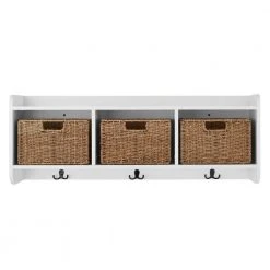 Home Decorators Collection 9.2 in. H x 40 in. W x 8.7 in. D White Wood Floating Decorative Cubby Wall Shelf with Hooks and Baskets
