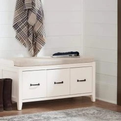 Home Decorators Collection Whitford White Wood Entryway Bench with Cushion and Concealed Storage (38 in. W x 19 in. H) -Flora Home Decorators Soldes white home decorators collection dining benches sk19330ar1 w 40 1000