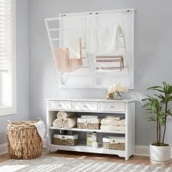 Home Decorators Collection 42 in. H x 44 in. W x 2 in. D White Wood Collapsible Laundry Wall Rack -Flora Home Decorators Soldes white home decorators collection drying racks 20mje2170 40 1000