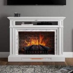 Home Decorators Collection Keighley 52 in. Freestanding Faux Marble Surround Electric Fireplace TV Stand in White -Flora Home Decorators Soldes white home decorators collection freestanding electric fireplaces 1557fm 33 201 31 1000