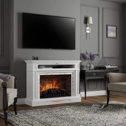 Home Decorators Collection Keighley 52 in. Freestanding Faux Marble Surround Electric Fireplace TV Stand in White -Flora Home Decorators Soldes white home decorators collection freestanding electric fireplaces 1557fm 33 201 40 1000