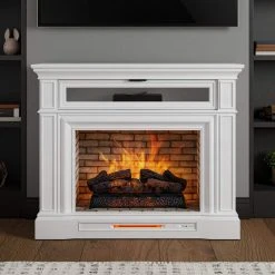 Home Decorators Collection Pinery 47.125 in. Freestanding Electric Fireplace TV Stand in White -Flora Home Decorators Soldes white home decorators collection freestanding electric fireplaces 1927fm 28 201 31 1000