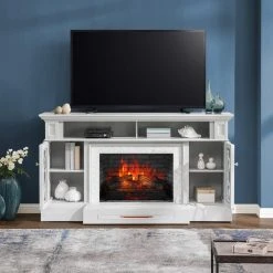 Home Decorators Collection Parkbridge 68 in. Freestanding Electric Fireplace TV Stand in White with KD Insert -Flora Home Decorators Soldes white home decorators collection freestanding electric fireplaces 2357fmm 26 201 31 1000