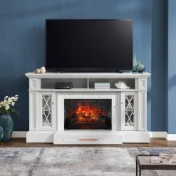 Home Decorators Collection Parkbridge 68 in. Freestanding Electric Fireplace TV Stand in White with KD Insert