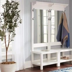 Home Decorators Collection Baythorn White Finish Wood Hall Tree with Mirror (25 in. W x 72 in. H) -Flora Home Decorators Soldes white home decorators collection hall trees eh 03 31 1000