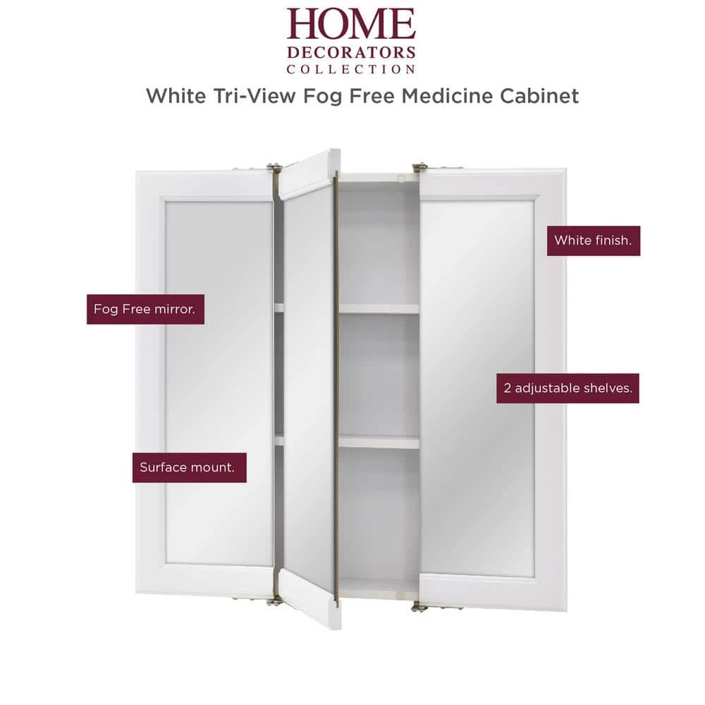 Home Decorators Collection 24-3/16 in. W x 24-3/16 in. H Fog Free Framed Surface-Mount Tri-View Bathroom Medicine Cabinet in White 5 Home Decorators Collection 24-3/16 in. W x 24-3/16 in. H Fog Free Framed Surface-Mount Tri-View Bathroom Medicine Cabinet in White - Image 3