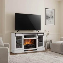 Home Decorators Collection Bramble 63 in. Freestanding Electric Fireplace TV Stand w/ Sliding Mesh Barn Door in White w/ Washed Blonde Walnut Top -Flora Home Decorators Soldes white walnut with blonde walnut home decorators collection freestanding electric fireplaces 1361fm 26 352 31 1000