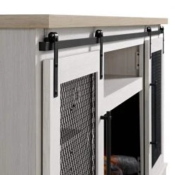 Home Decorators Collection Bramble 63 in. Freestanding Electric Fireplace TV Stand w/ Sliding Mesh Barn Door in White w/ Washed Blonde Walnut Top -Flora Home Decorators Soldes white walnut with blonde walnut home decorators collection freestanding electric fireplaces 1361fm 26 352 4f 1000