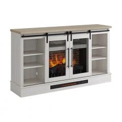 Home Decorators Collection Bramble 63 in. Freestanding Electric Fireplace TV Stand w/ Sliding Mesh Barn Door in White w/ Washed Blonde Walnut Top -Flora Home Decorators Soldes white walnut with blonde walnut home decorators collection freestanding electric fireplaces 1361fm 26 352 77 1000