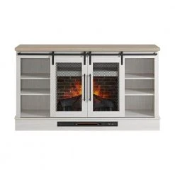 Home Decorators Collection Bramble 63 in. Freestanding Electric Fireplace TV Stand w/ Sliding Mesh Barn Door in White w/ Washed Blonde Walnut Top -Flora Home Decorators Soldes white walnut with blonde walnut home decorators collection freestanding electric fireplaces 1361fm 26 352 a0 1000