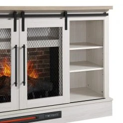 Home Decorators Collection Bramble 63 in. Freestanding Electric Fireplace TV Stand w/ Sliding Mesh Barn Door in White w/ Washed Blonde Walnut Top -Flora Home Decorators Soldes white walnut with blonde walnut home decorators collection freestanding electric fireplaces 1361fm 26 352 c3 1000