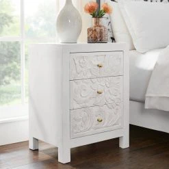 Home Decorators Collection Nadia Carved 3-Drawer Whitewash Nightstand (30 in. H x 23 in. W x 17 in. D) -Flora Home Decorators Soldes whitewash home decorators collection nightstands cac 20 015 40 1000