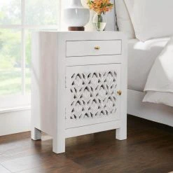 Home Decorators Collection Hallie Carved Single Door 1-Drawer Whitewash Nightstand (30 in. H x 22 in. W x 15 in. D) -Flora Home Decorators Soldes whitewash home decorators collection nightstands cac 20 035 40 1000