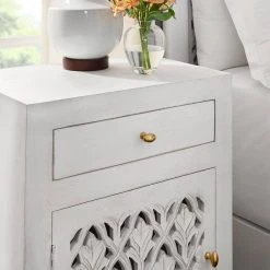 Home Decorators Collection Hallie Carved Single Door 1-Drawer Whitewash Nightstand (30 in. H x 22 in. W x 15 in. D) -Flora Home Decorators Soldes whitewash home decorators collection nightstands cac 20 035 a0 1000