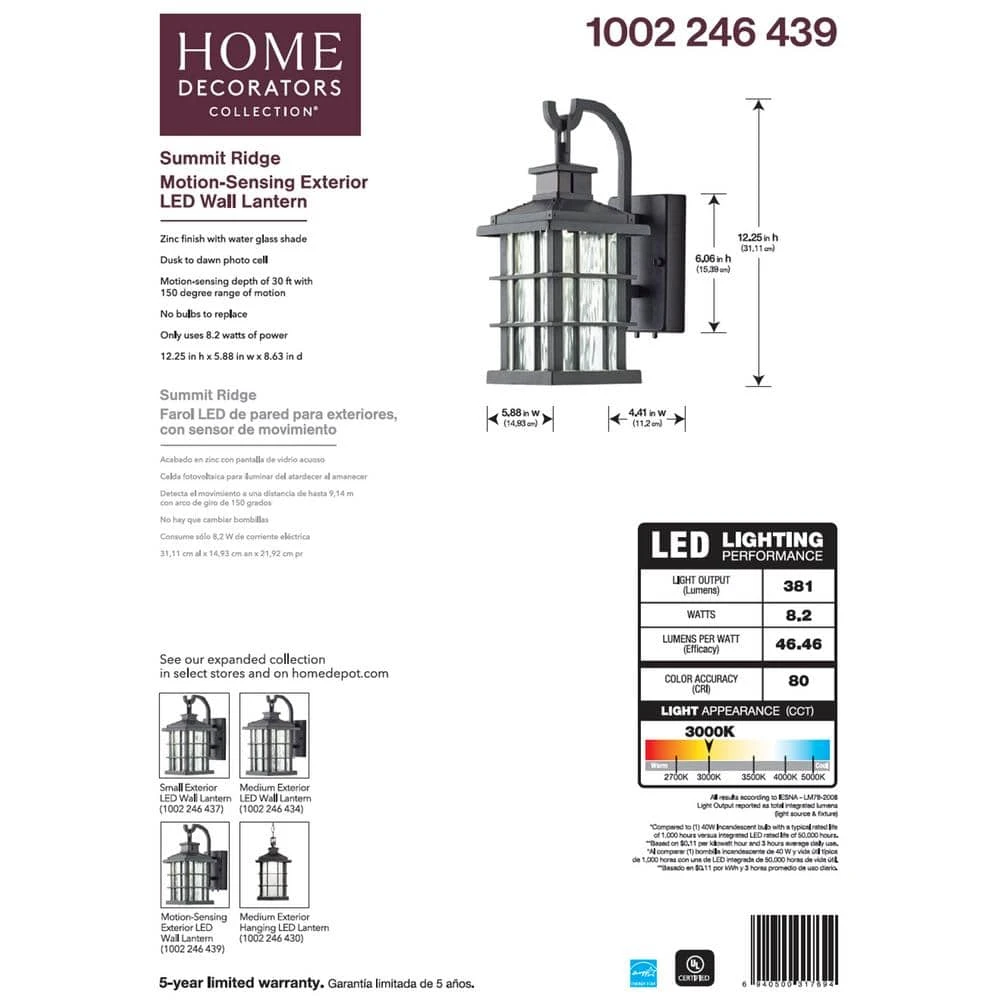 Home Decorators Collection Summit Ridge Collection Zinc Motion Sensor Outdoor Integrated LED Wall Lantern Sconce 8 Home Decorators Collection Summit Ridge Collection Zinc Motion Sensor Outdoor Integrated LED Wall Lantern Sconce - Image 6